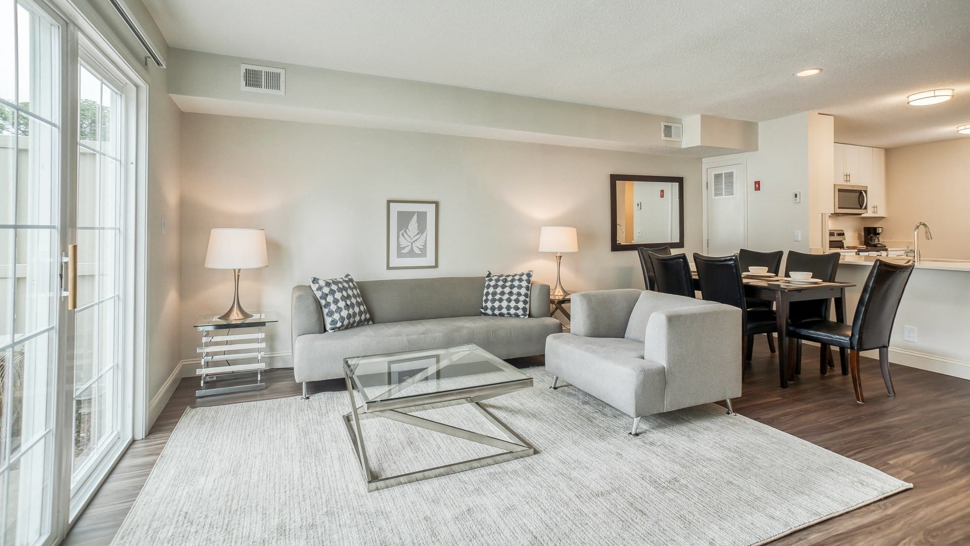 Renovated living rooms with wood plank flooring at Windsor Ridge at Westborough, Massachusetts, 01581