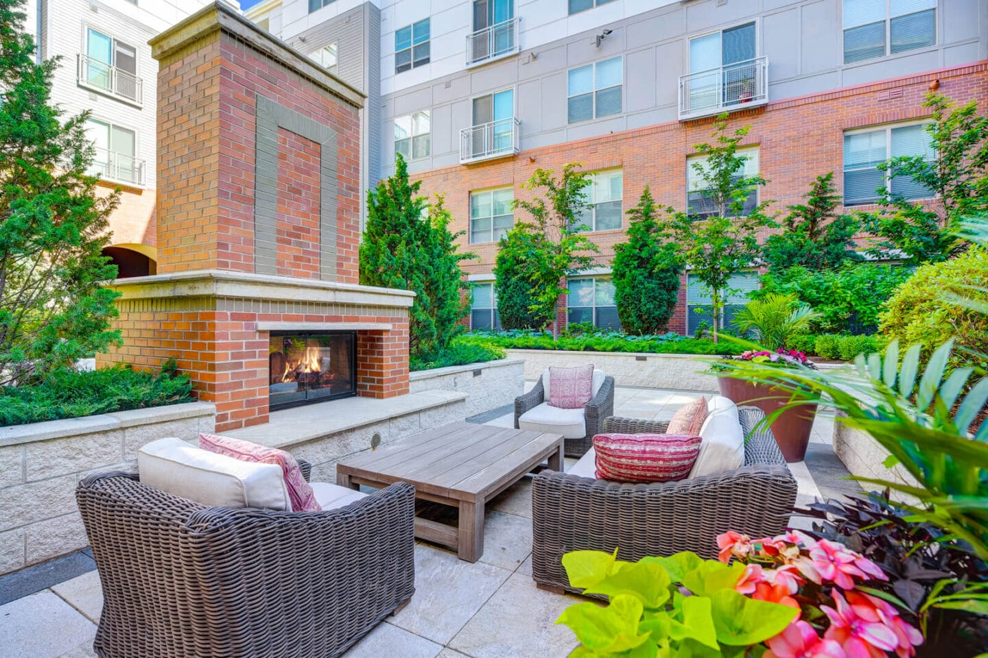 Courtyard Lounge With Fireplace at Windsor at Cambridge Park, Cambridge, Massachusetts