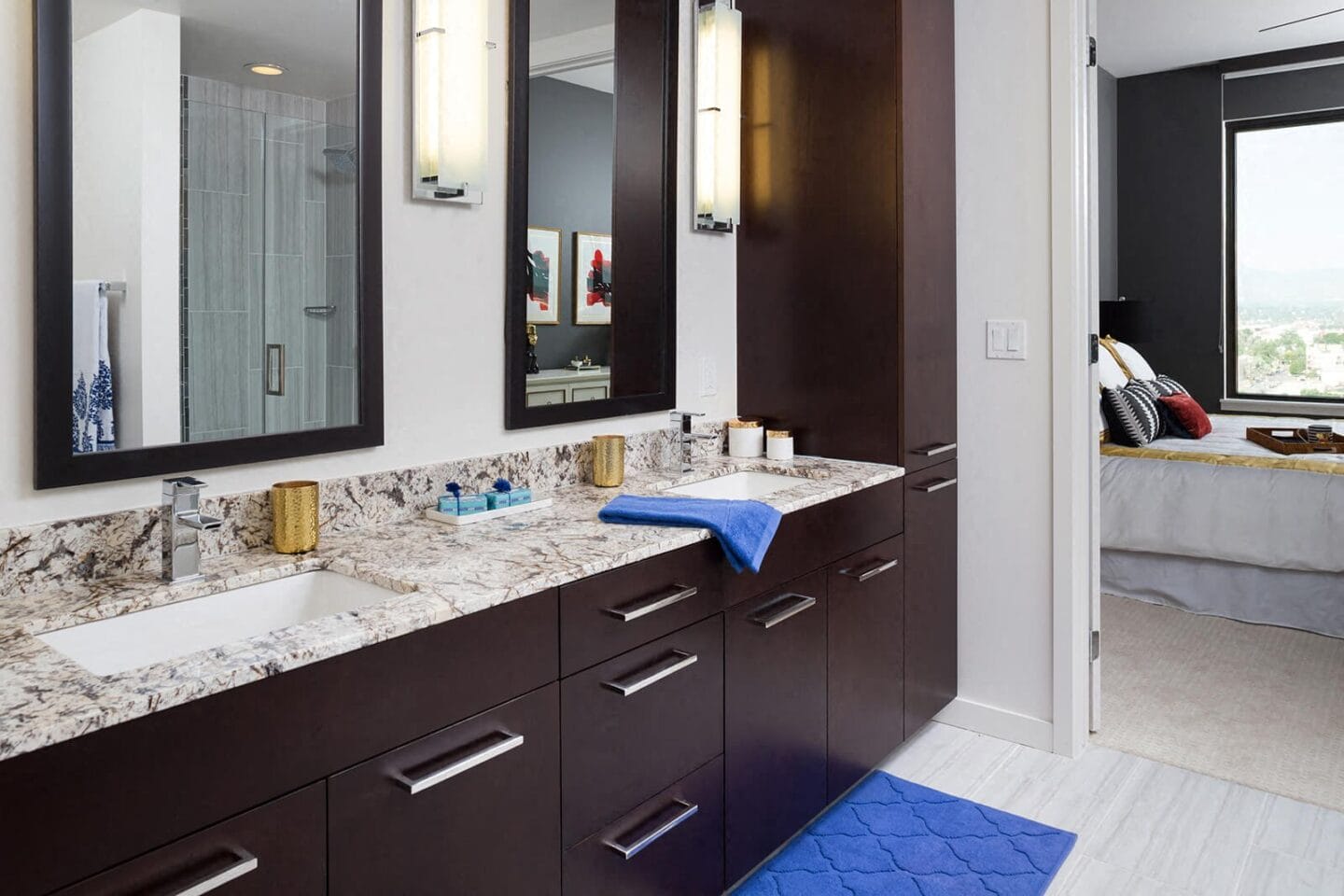 Dual Vanity With Framed Mirrors in Select Apartments at 1000 Speer by Windsor, 1000 Speer Blvd., CO