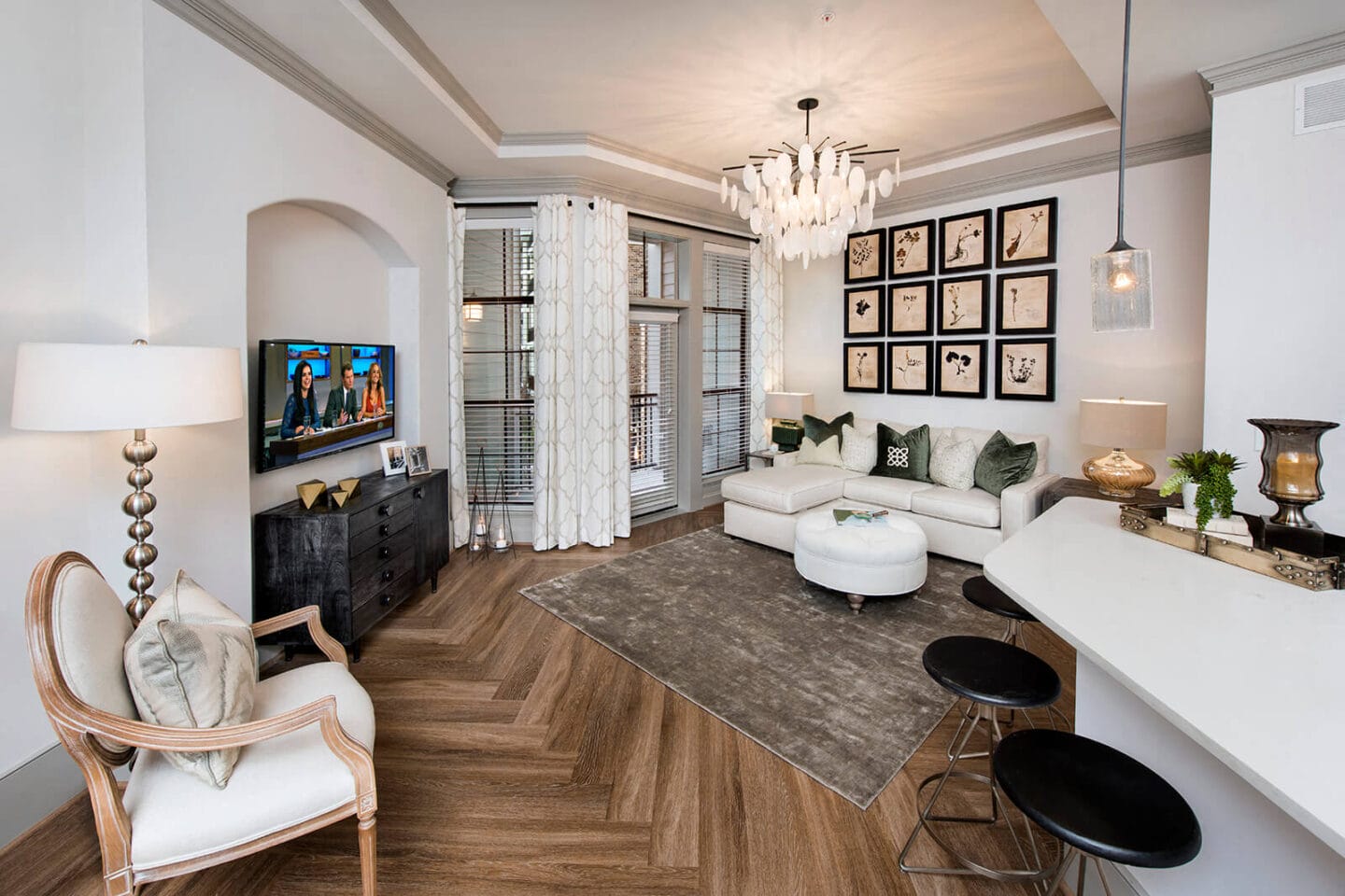 Herringbone Vinyl Plank Flooring in Living Room at Windsor Chastain, 255 Franklin Rd, GA