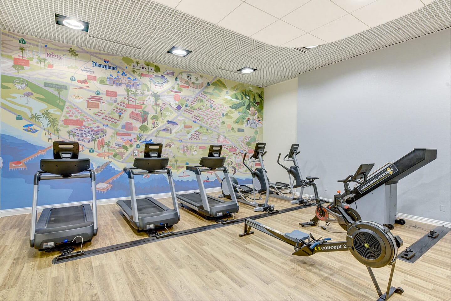 Cardio machines in fitness center at Windsor at Main Place, Orange, California