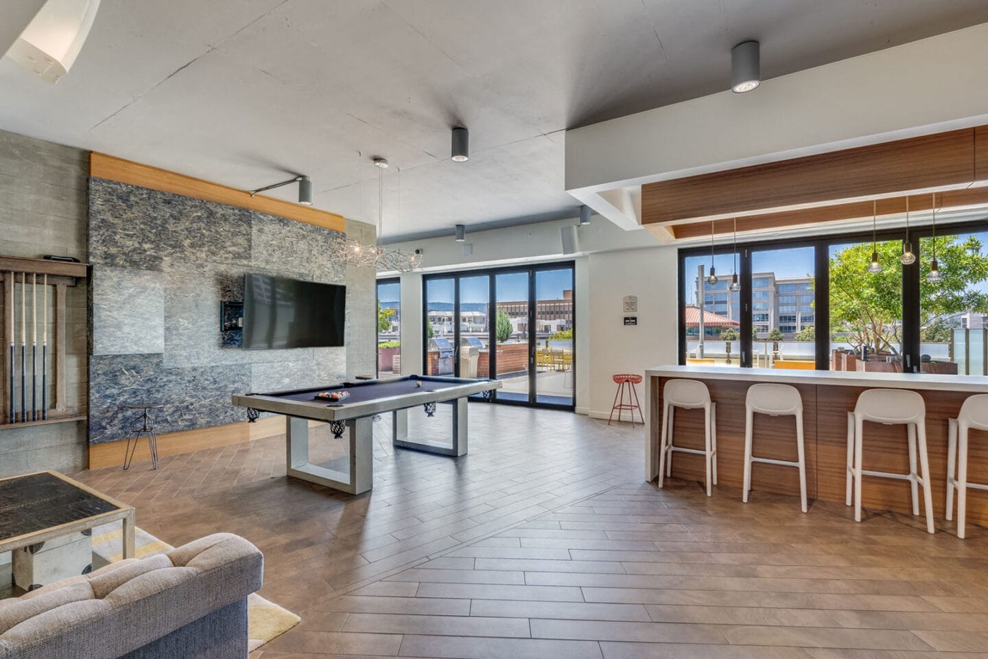 Recreation Room with Billiards Table at The Marston by Windsor, Redwood City, CA