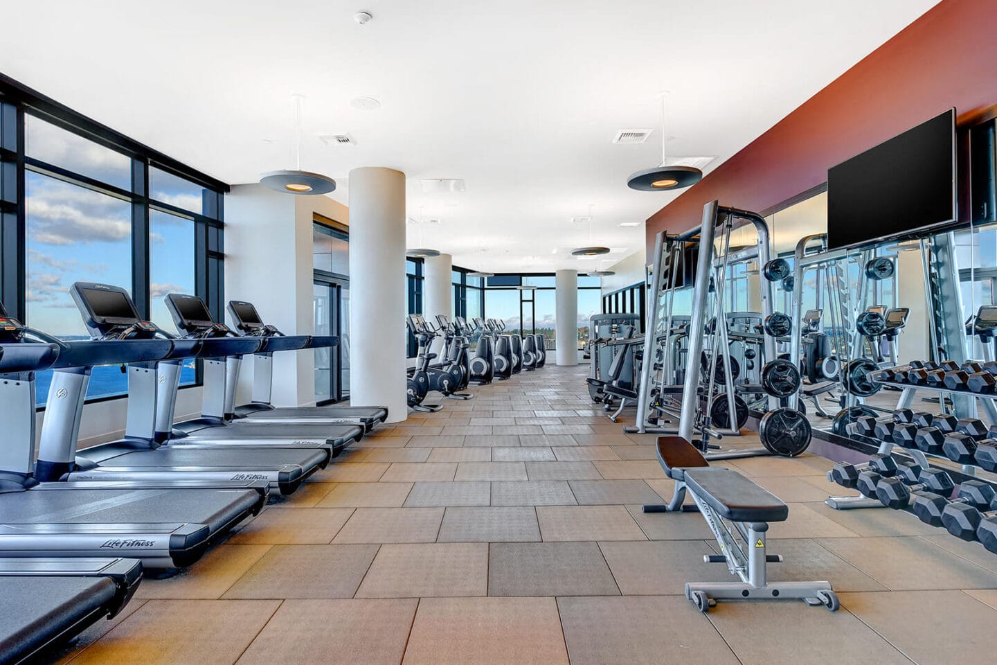 Fitness Center With Panoramic Views of Downtown at Cirrus, Seattle, WA