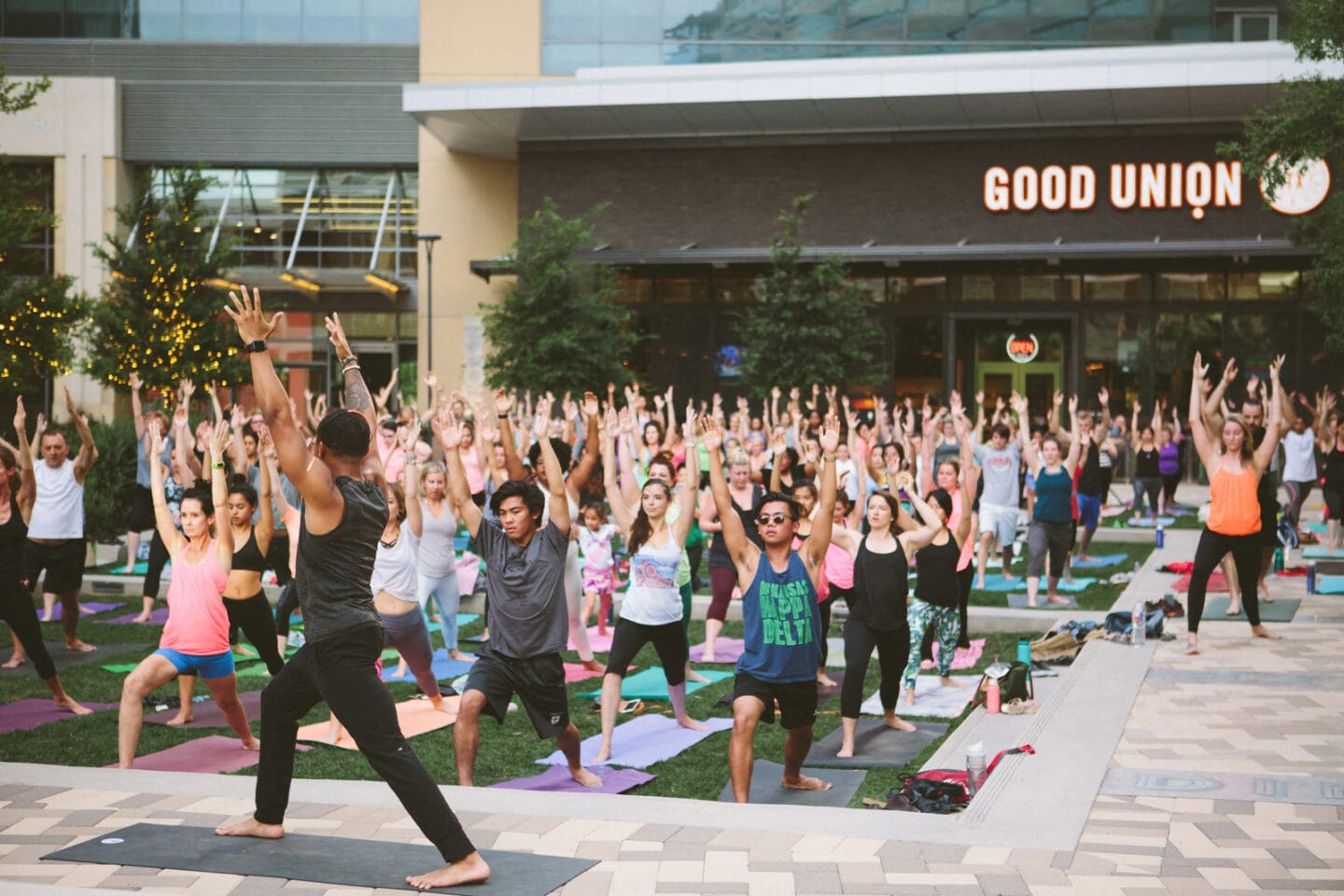 Reef Point's free yoga in the park every Saturday morning at 9 am at Windsor CityLine, Richardson, TX