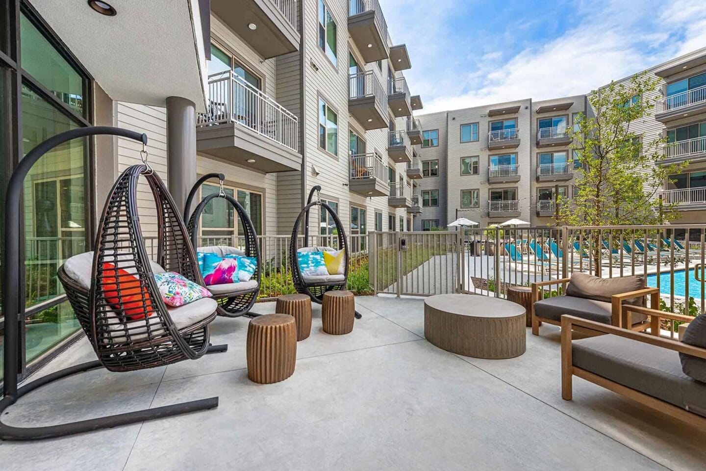 Lounge area near pool at Windsor Preston, Plano, Texas