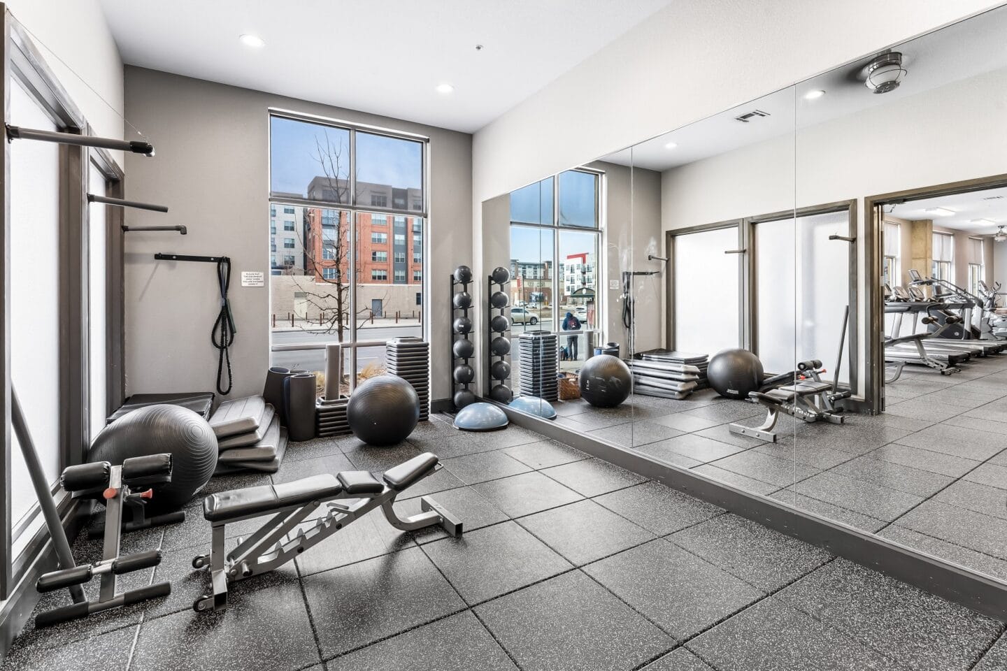 Free Weights Area in Fitness Center at Windsor at Broadway Station, Denver, CO