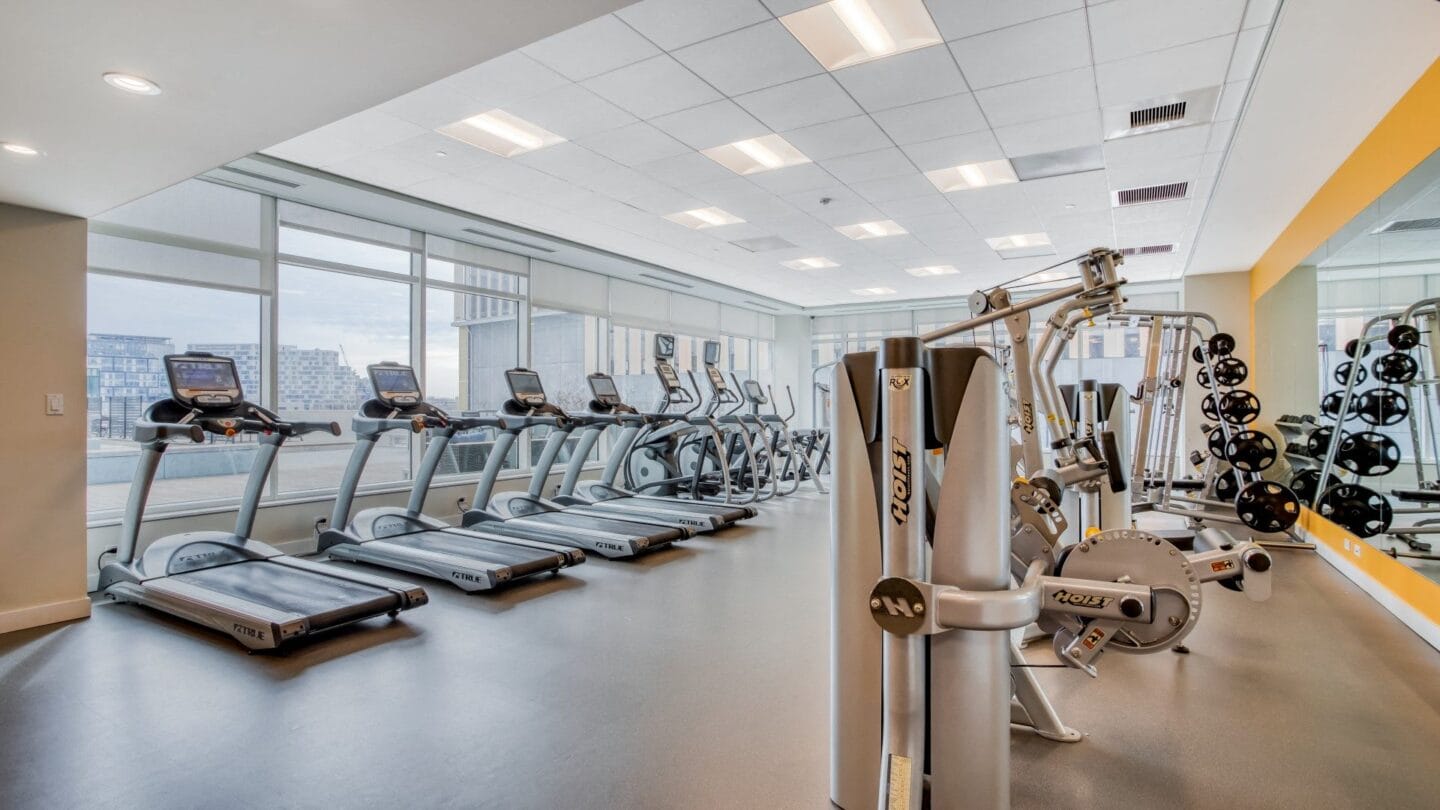 A room filled with cardio equipment and a large window