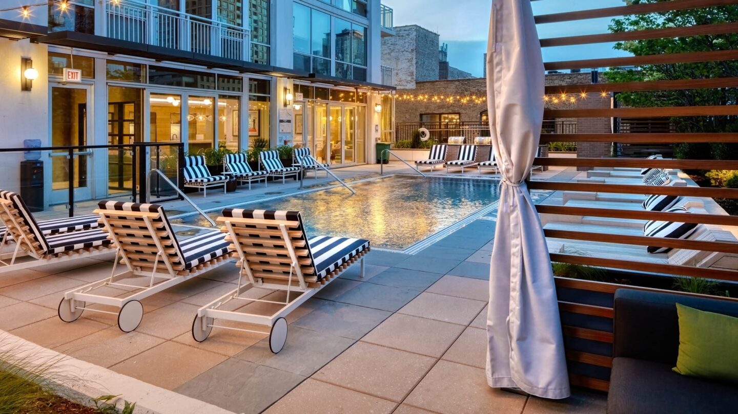 Abundance of Pool Seating at Flair Tower, Chicago, Illinois