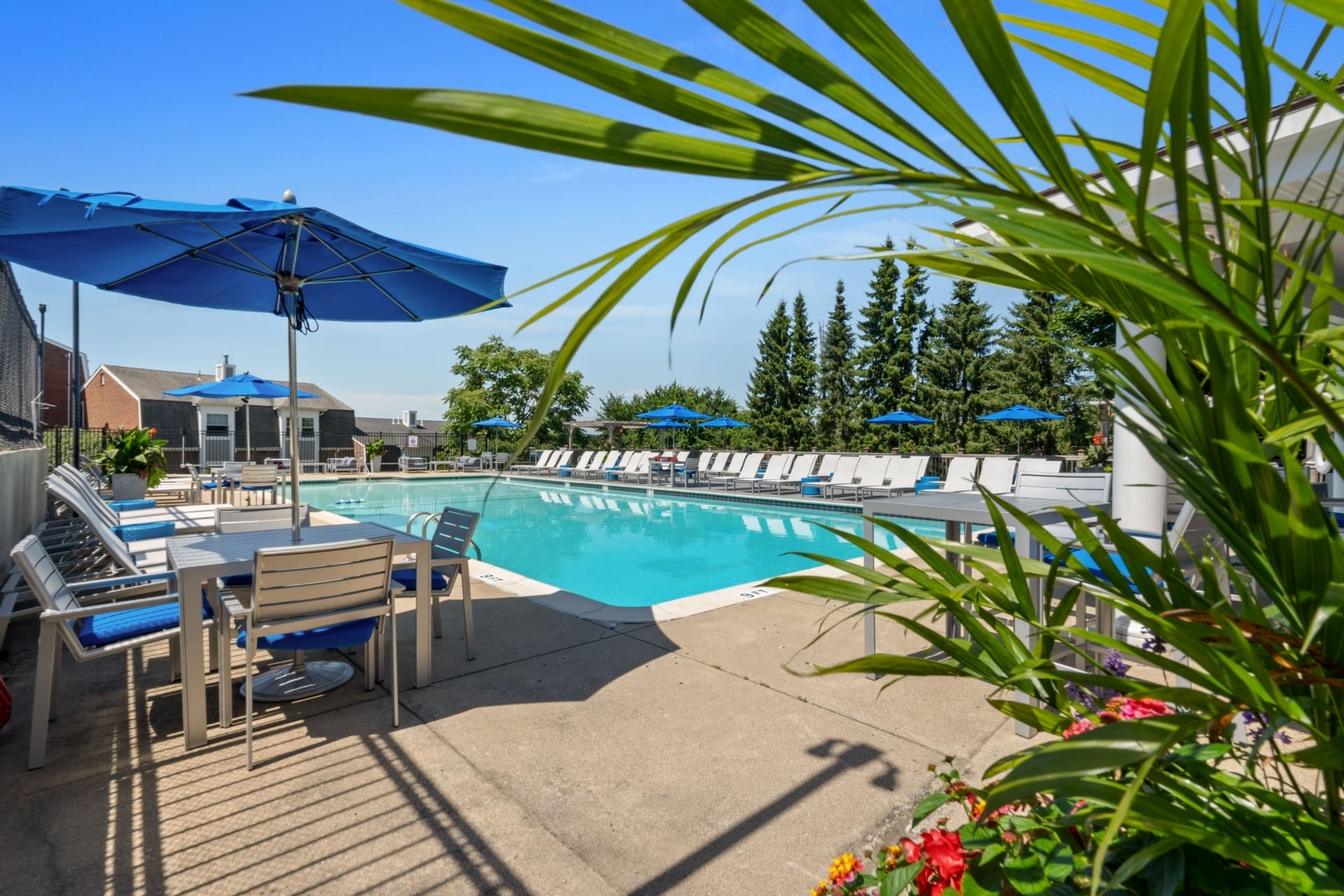 our resort style swimming pool is surrounded by patio furniture and umbrellas