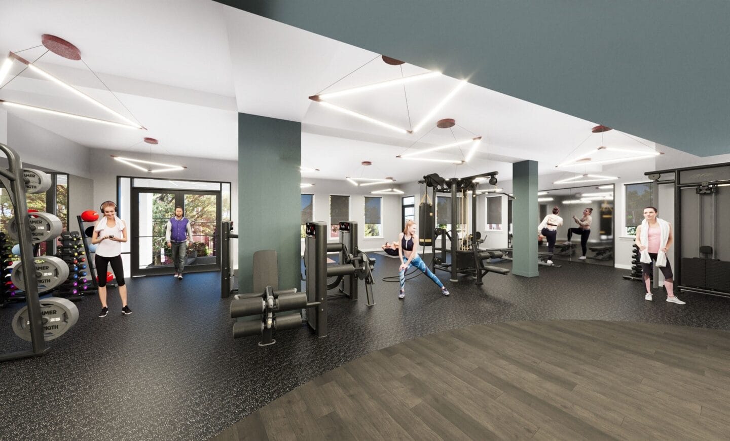 a rendering of a gym with people in it