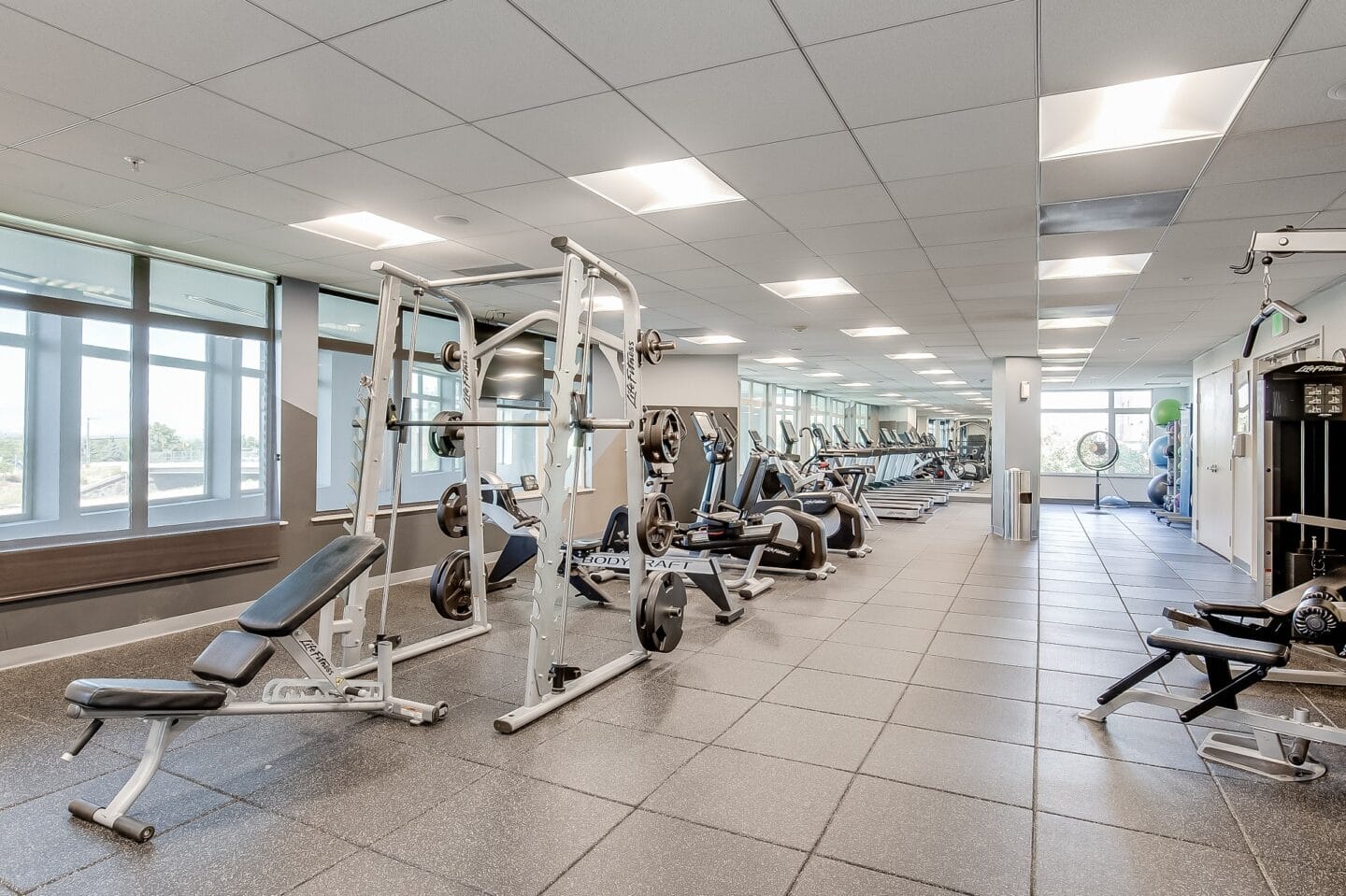 a row of exercise equipment in a fitness center with windows