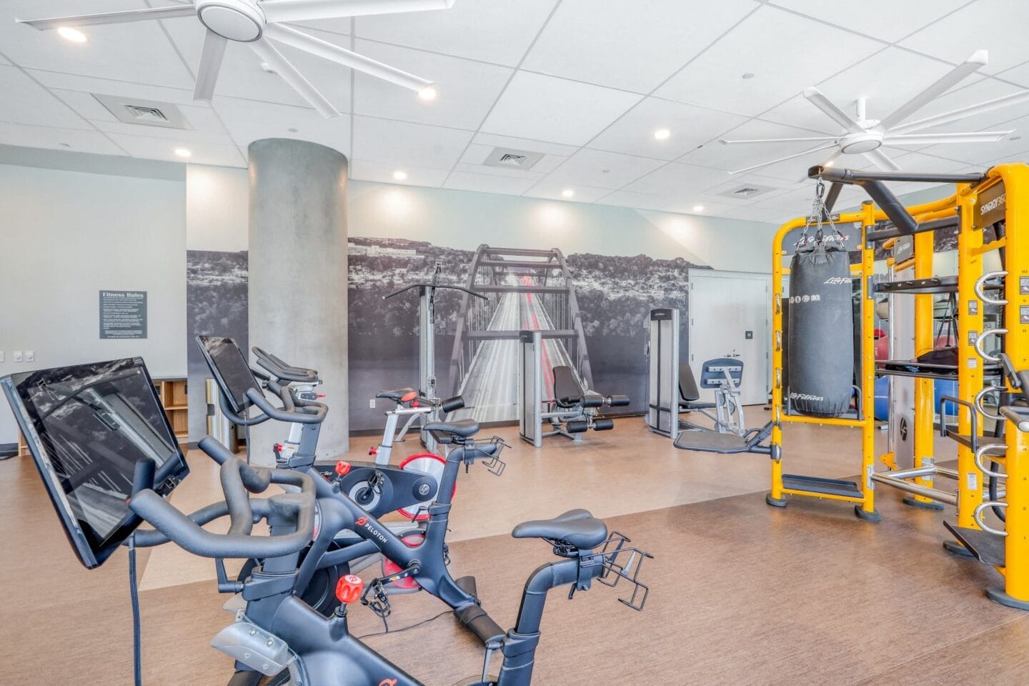 a gym with cardio equipment and a mural of a bridge on the wall