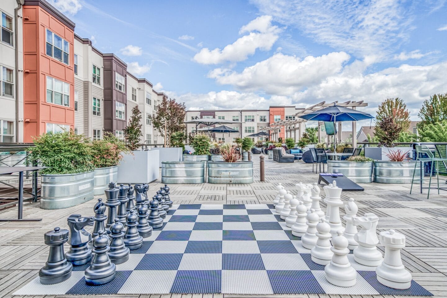 Giant chess board on a patio in front of an apartment complex at Platform 14, Hillsboro, OR