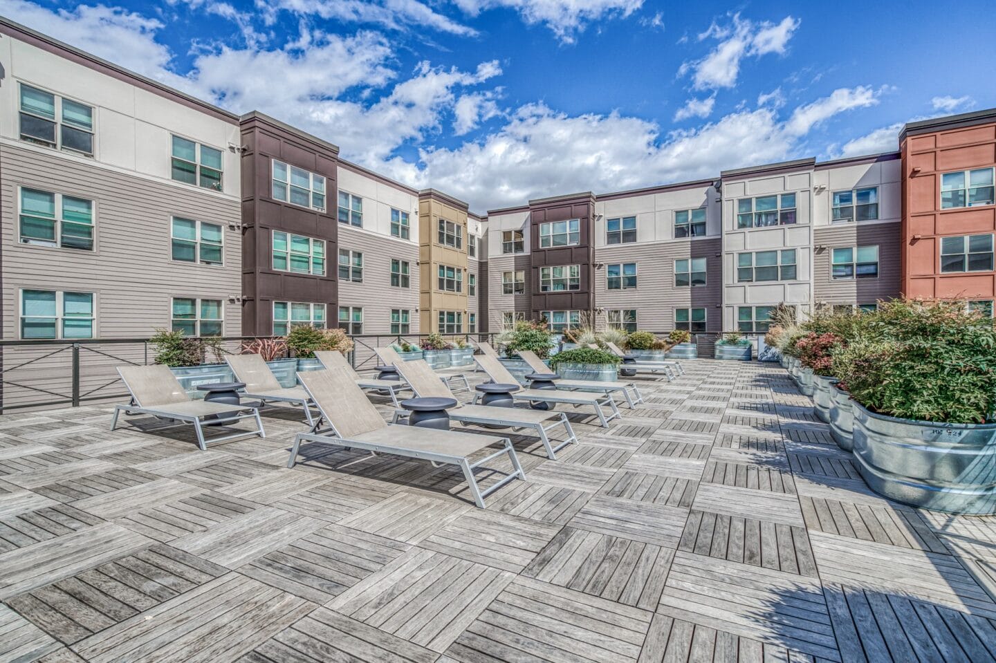 Sky deck with lounge chairs at Platform 14, Hillsboro, OR