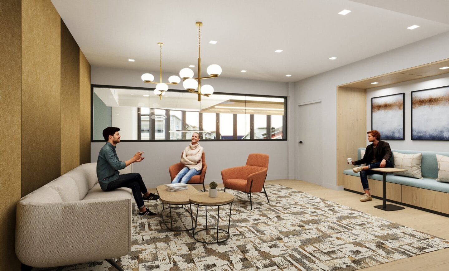 a rendering of a lobby with people sitting on couches and chairs