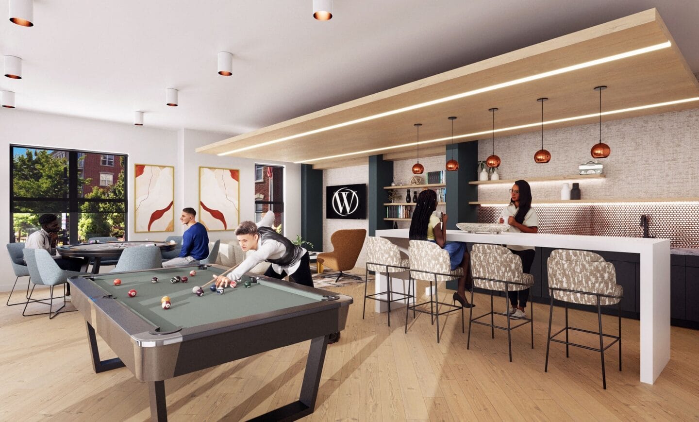 a rendering of a communal area with a pool table and a bar