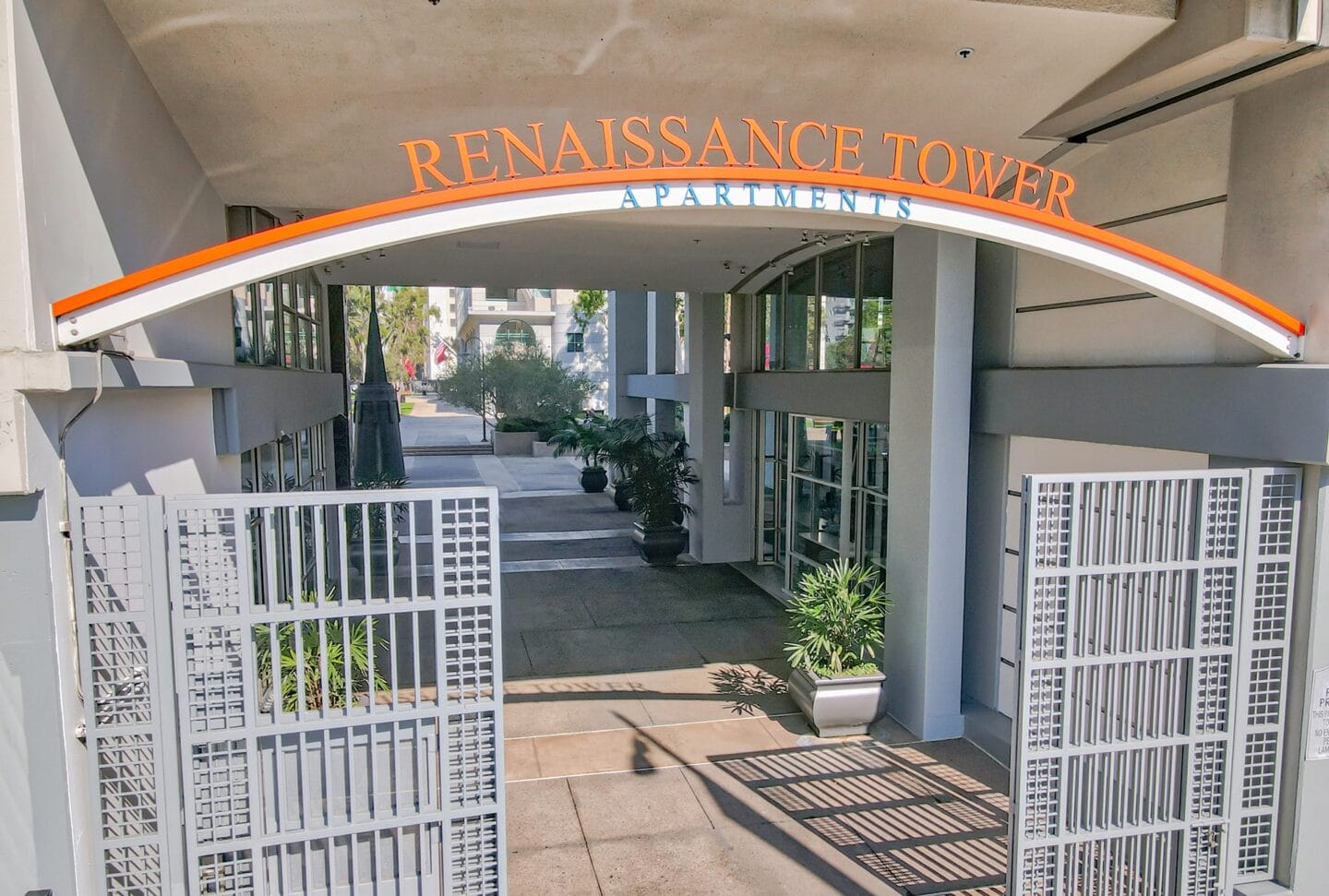 Entrance gate and view of Grand Hope Park from Renaissance Tower, California, 90015