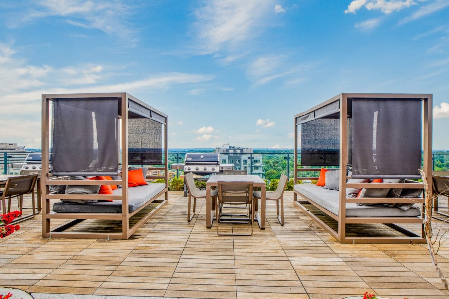 Cabanas and ample seating by the pool in Bethesda, MD.