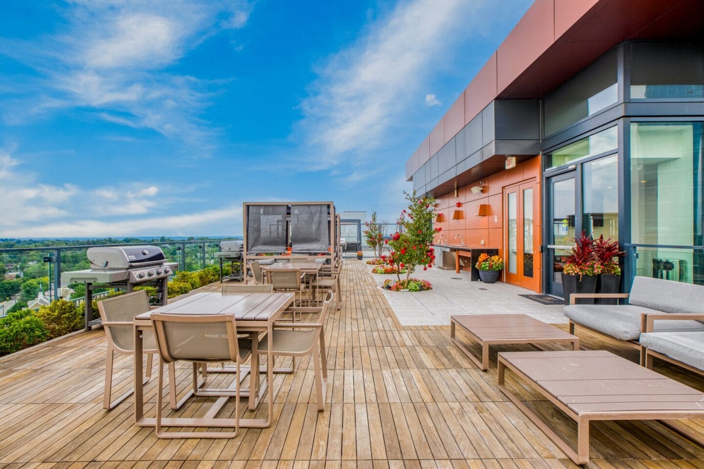 Outdoor entertainment spaces on a sunny day with bright colored walls