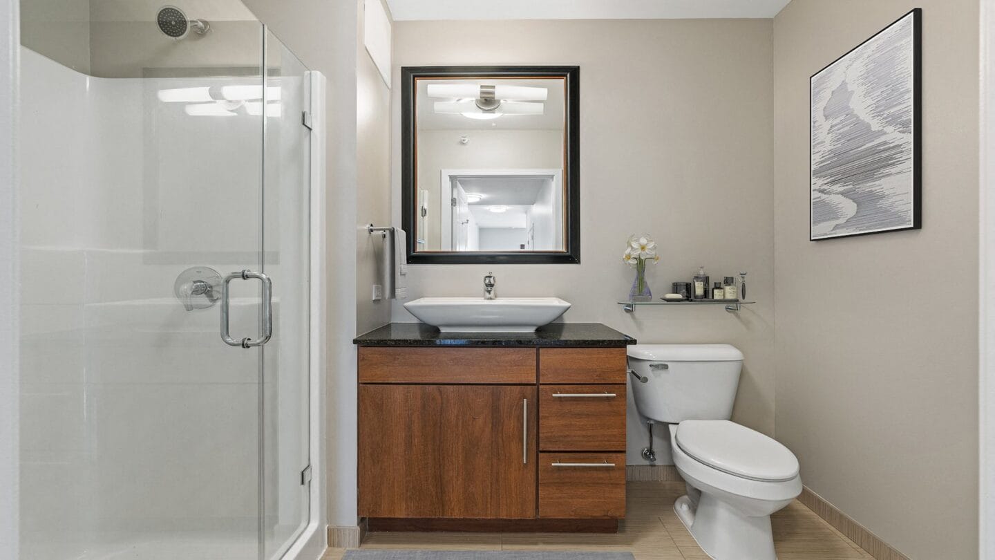 Sleek bathroom finishes at Flair Tower, Chicago, Illinois