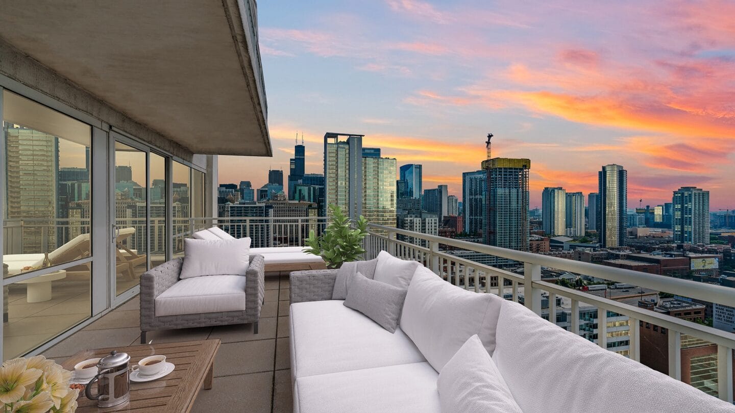 Outdoor space and city views at Flair Tower, Chicago, Illinois