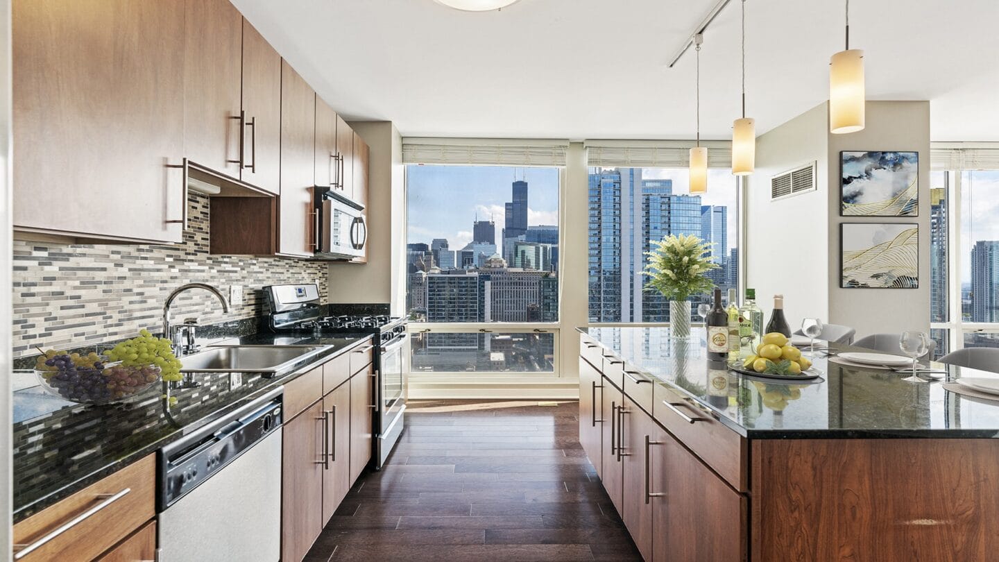 Penthouse kitchens featuring luxury finishes and stunning views at Flair Tower, Chicago, Illinois