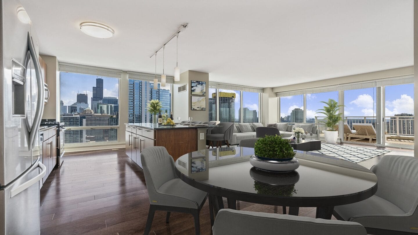 Dining space surrounded by views at Flair Tower, Chicago, Illinois