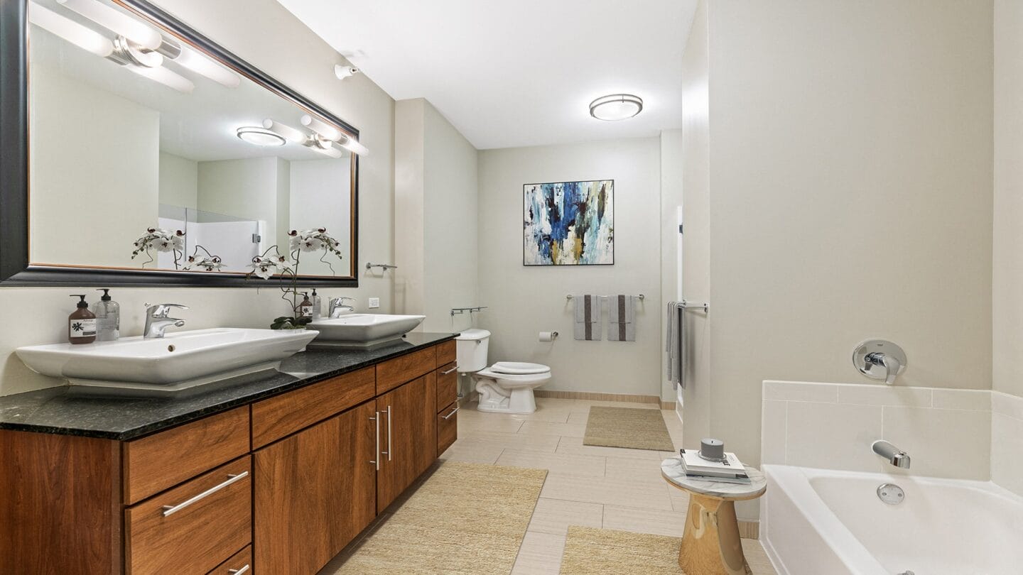 Double vanity in bathroomat Flair Tower, Chicago, Illinois