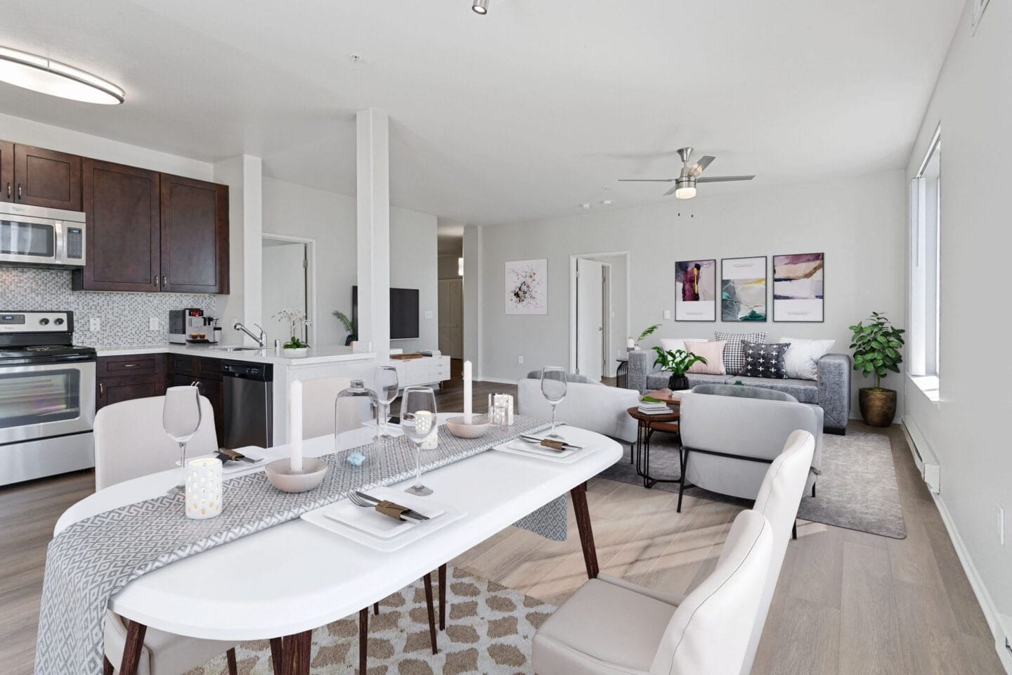 A living room and dining room at Allegro at Jack London Square in Oakland, CA