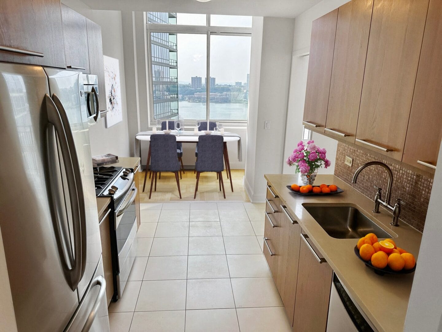 Kitchen with view of dining room at The Ashley Apartments, New York, New York