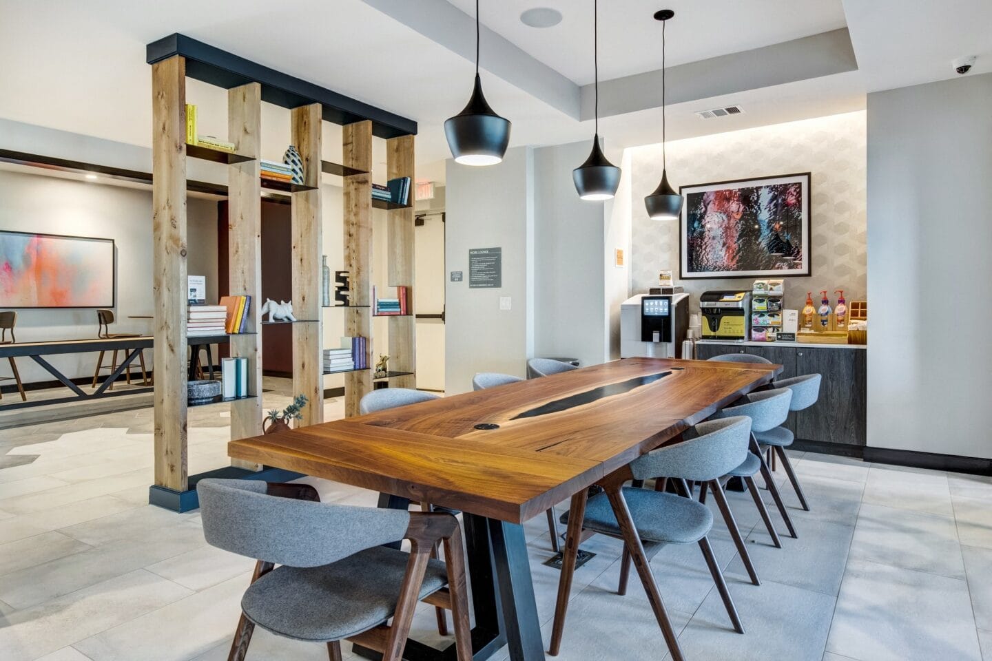 Resident lounge features a complimentary coffee station at Windsor South Congress, Austin