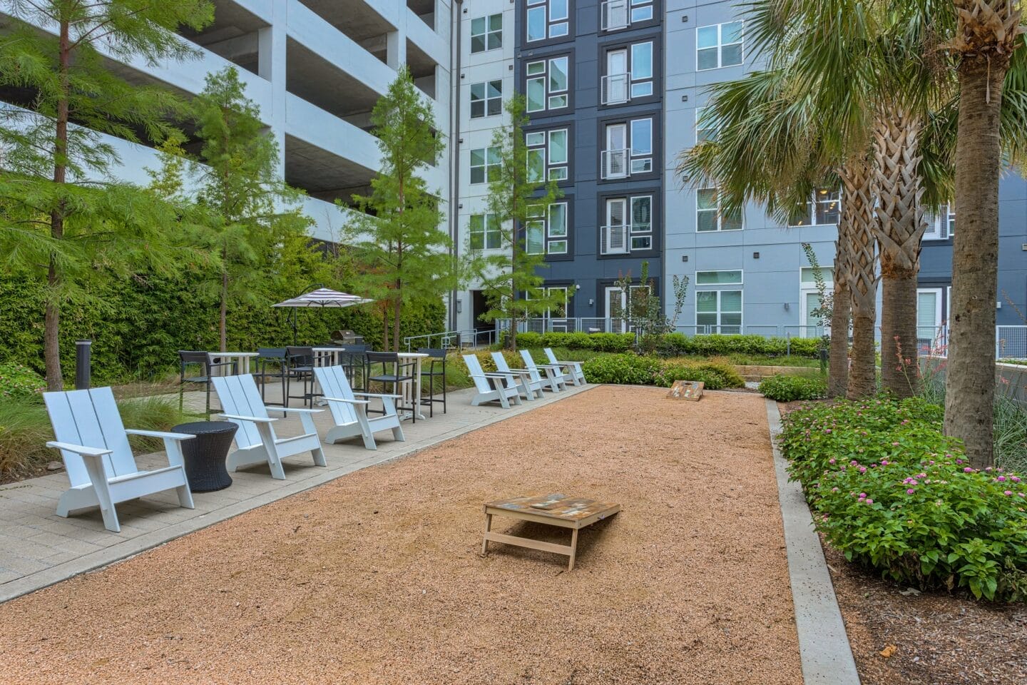 Corn hole boards and playing space at Metro West, 8055 Windrose Ave, TX