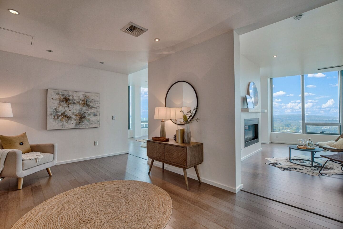 Decorated living room in penthouse at The Bravern, WA, 98004