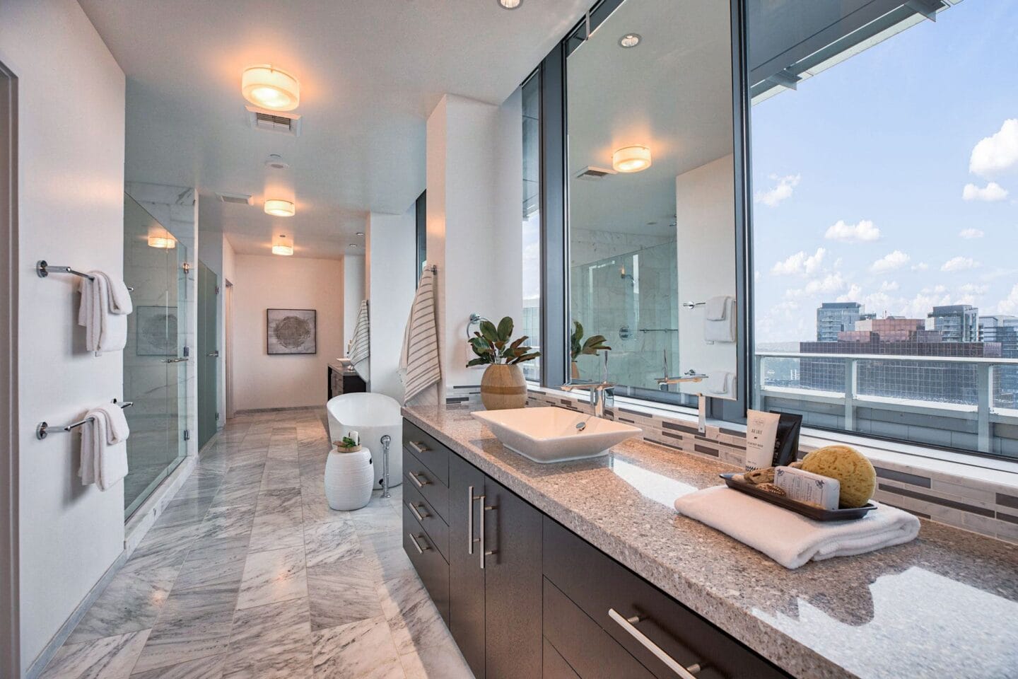 Luxurious penthouse bathroom at The Bravern, Bellevue, WA