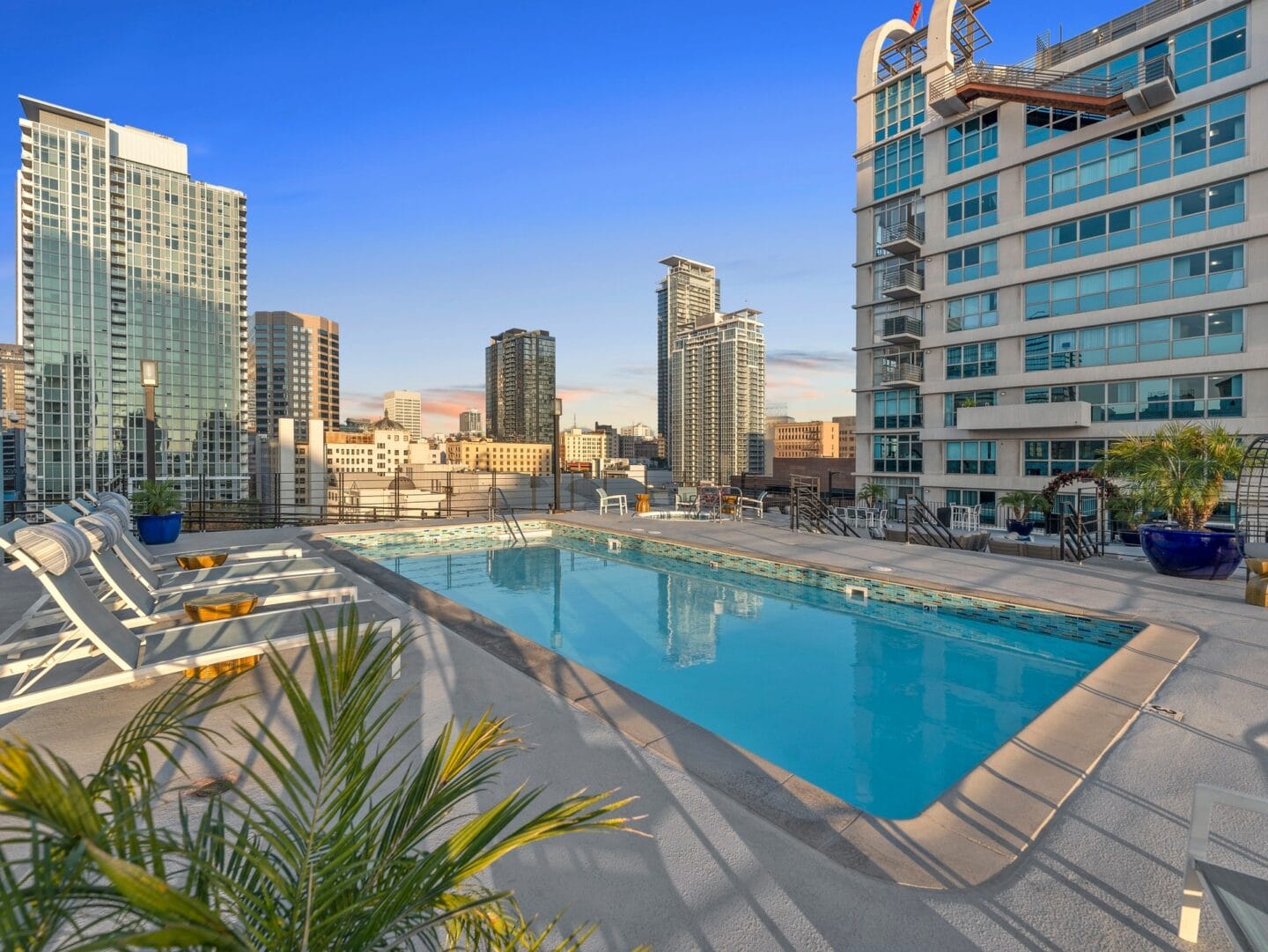 a pool with a city skyline in the background at the ace hotel