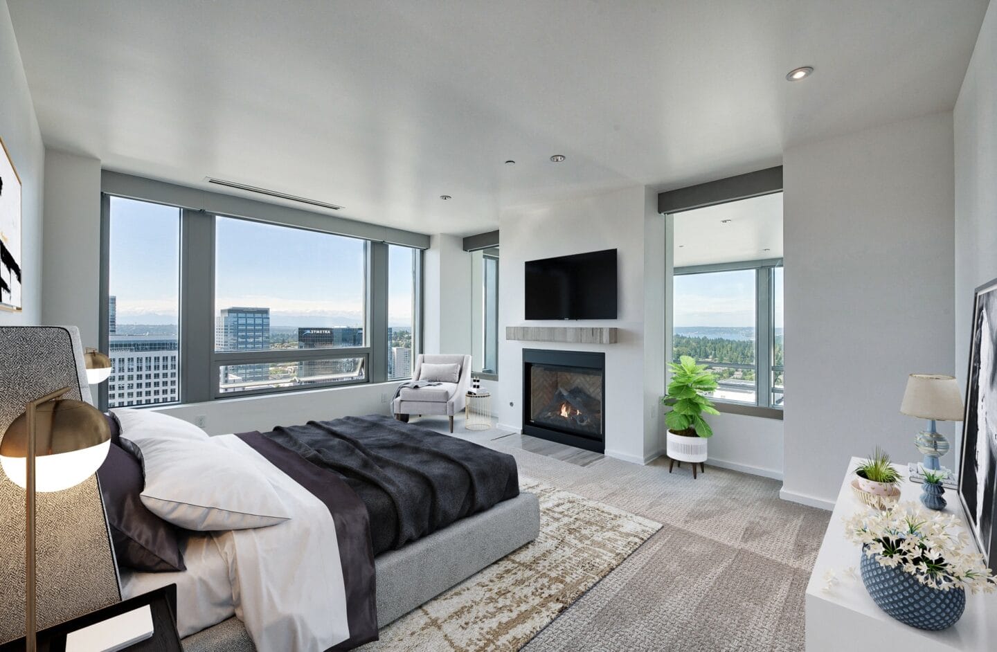 Bedroom with fireplace S3102 at The Bravern, Bellevue, Washington