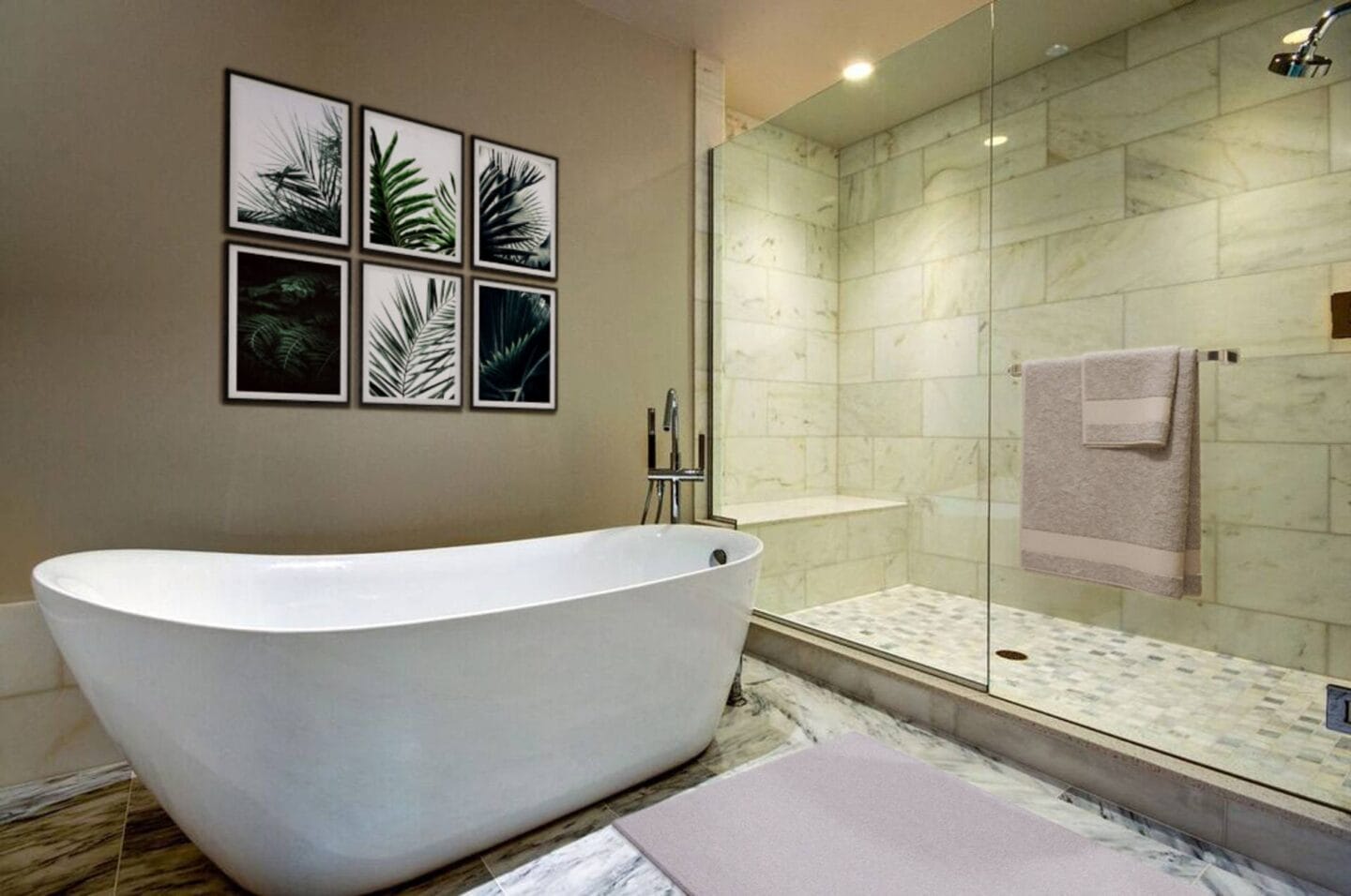 A soaking tub and shower at The Bravern,  Bellevue, Washington