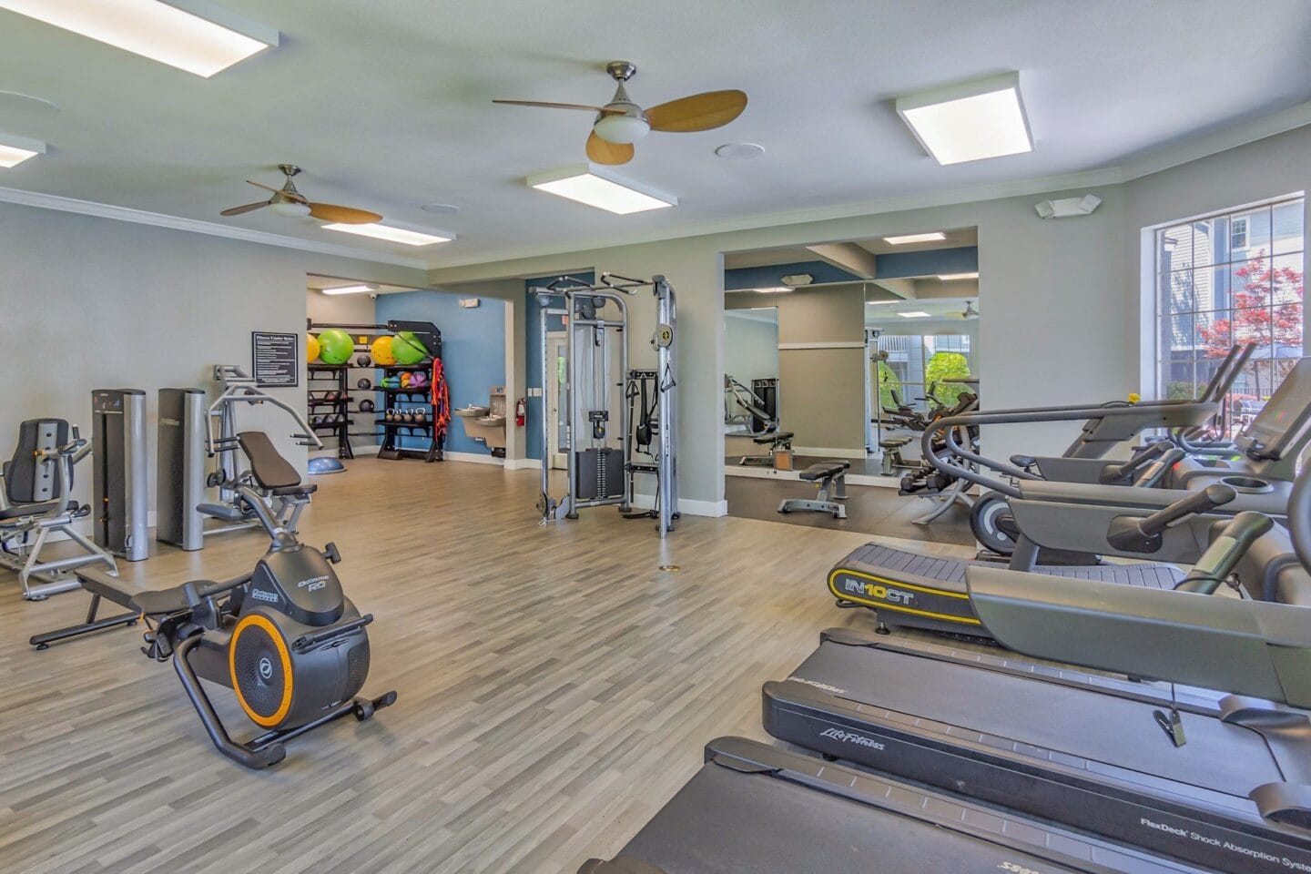 A gym with cardio equipment and weights at Windsor Addison Park