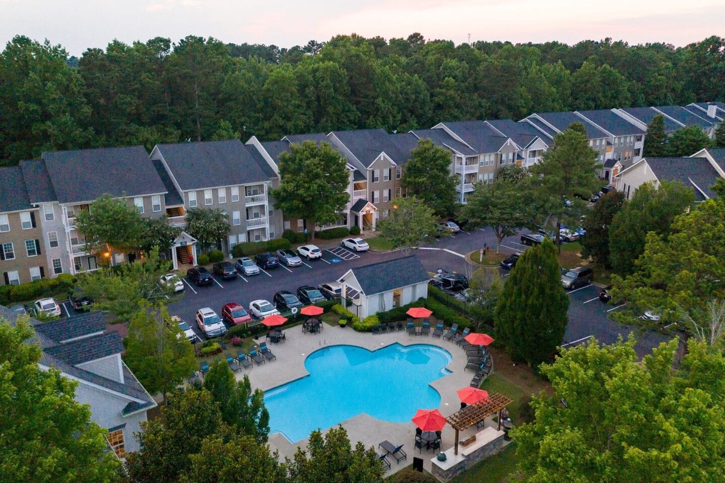 Aerial pool view at Windsor Johns Creek, Johns Creek, GA