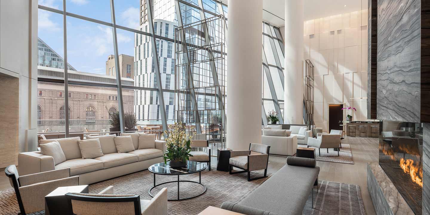 Expansive windows in community gathering space at Waterline Square, 675 West 59th New York, NY 10069