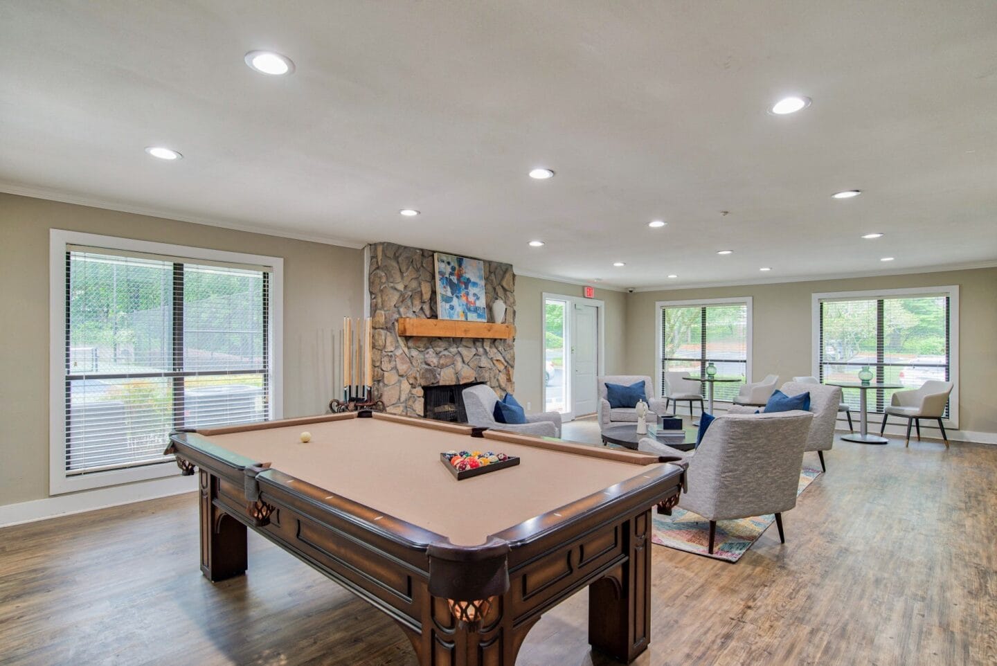 Billiards table and entertainment areas in clubroom at Windsor Peachtree Corners, Peachtree Corners, GA