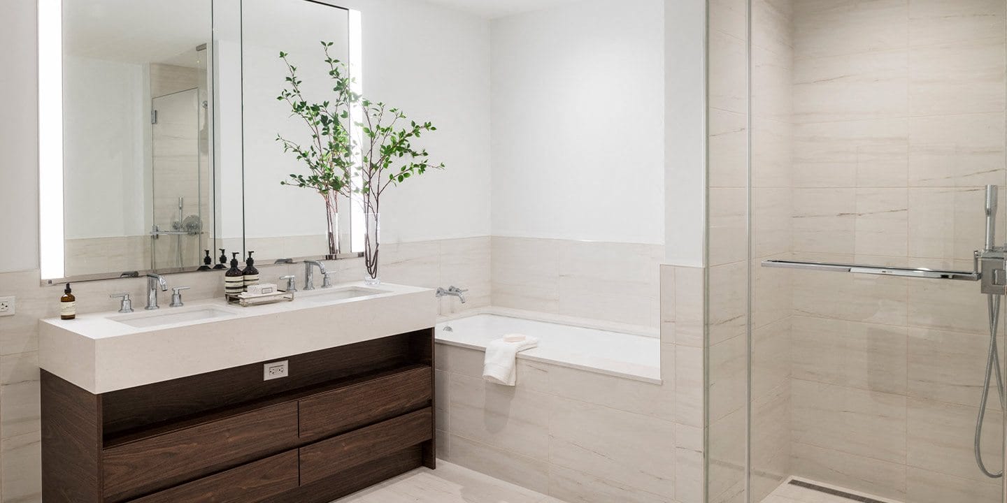 Sleek, modern bathroom at Waterline Square, 675 West 59th New York, NY 10069