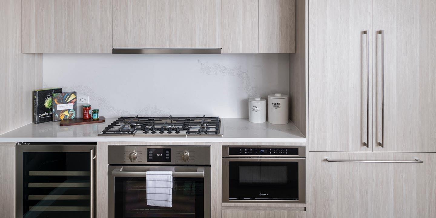 Modern kitchen and appliances at Waterline Square, 675 West 59th New York, NY 10069