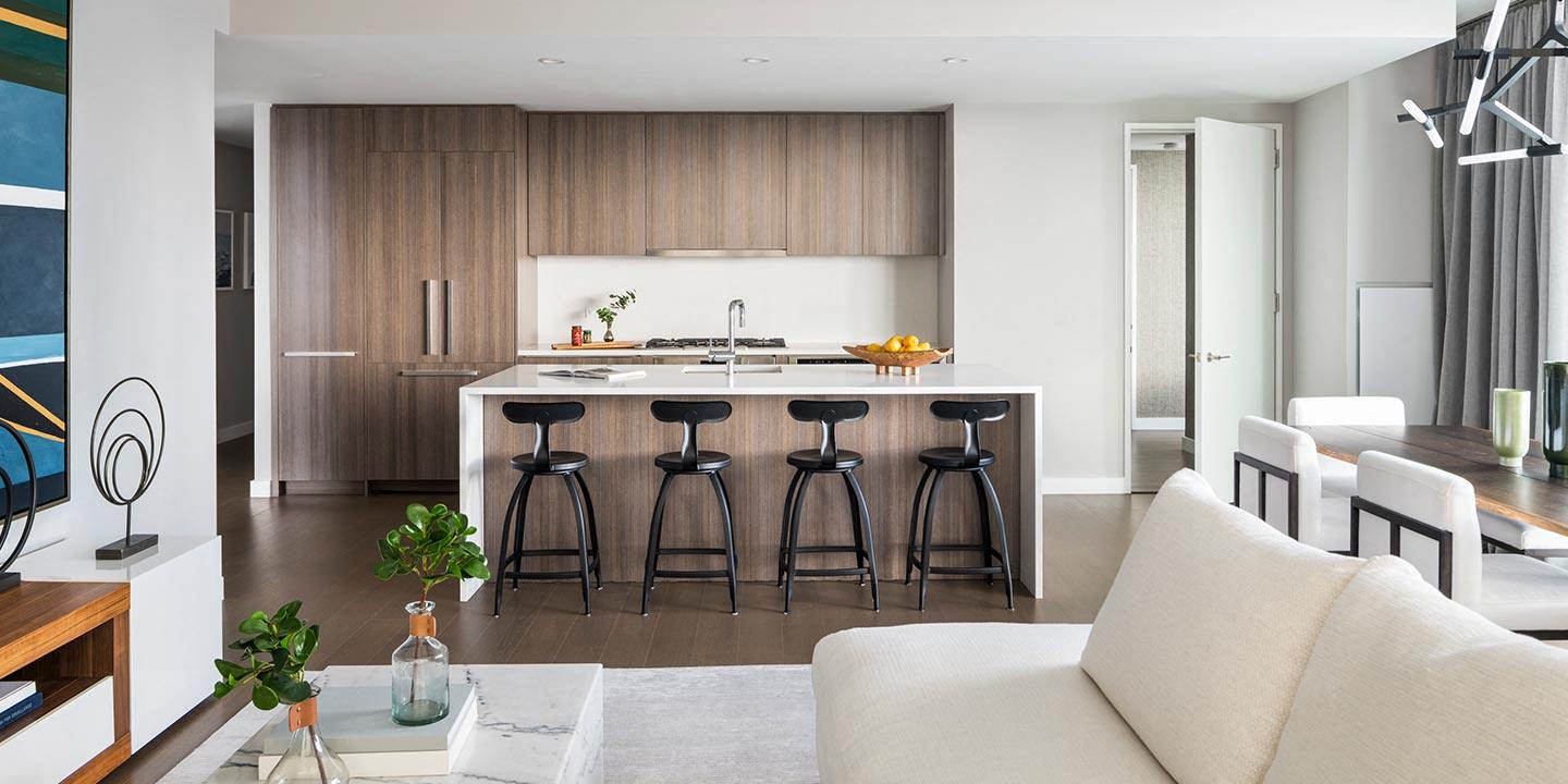 Open kitchen with oversized island at Waterline Square, 675 West 59th New York, NY 10069