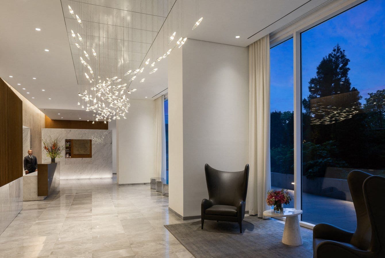 White marble lobby at Waterline Square, 675 West 59th New York, NY 10069