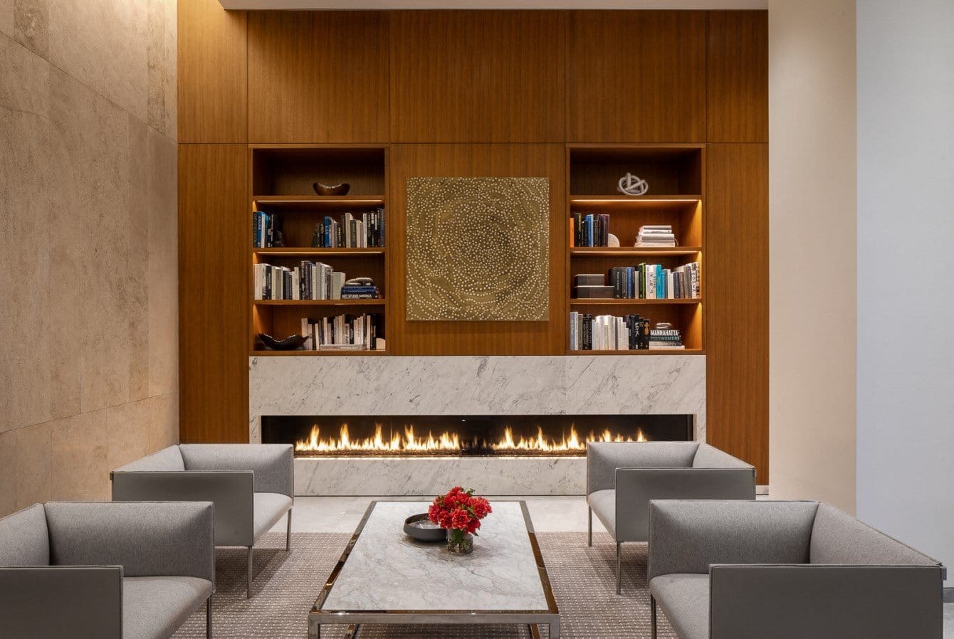 Library lounge with fireplace at Waterline Square, 675 West 59th New York, NY 10069