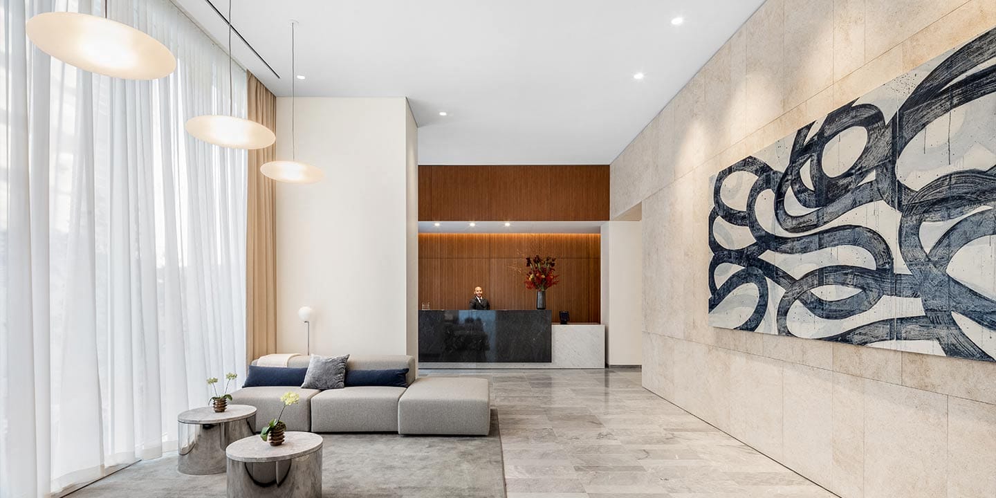 Welcoming lobby at Waterline Square, 675 West 59th New York, NY 10069