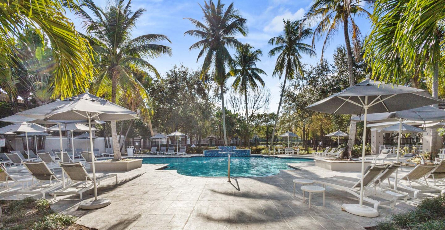 A pool surrounded by palm trees and lounge chairs.