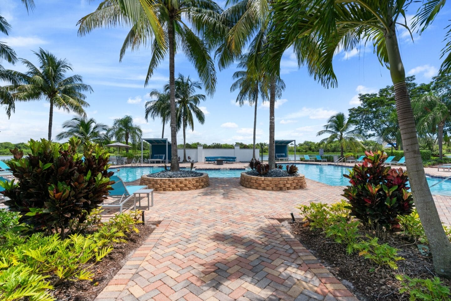 a resort style swimming pool with palm trees