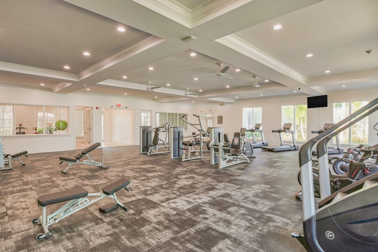 Wide angle view of the fitness center at the Winston